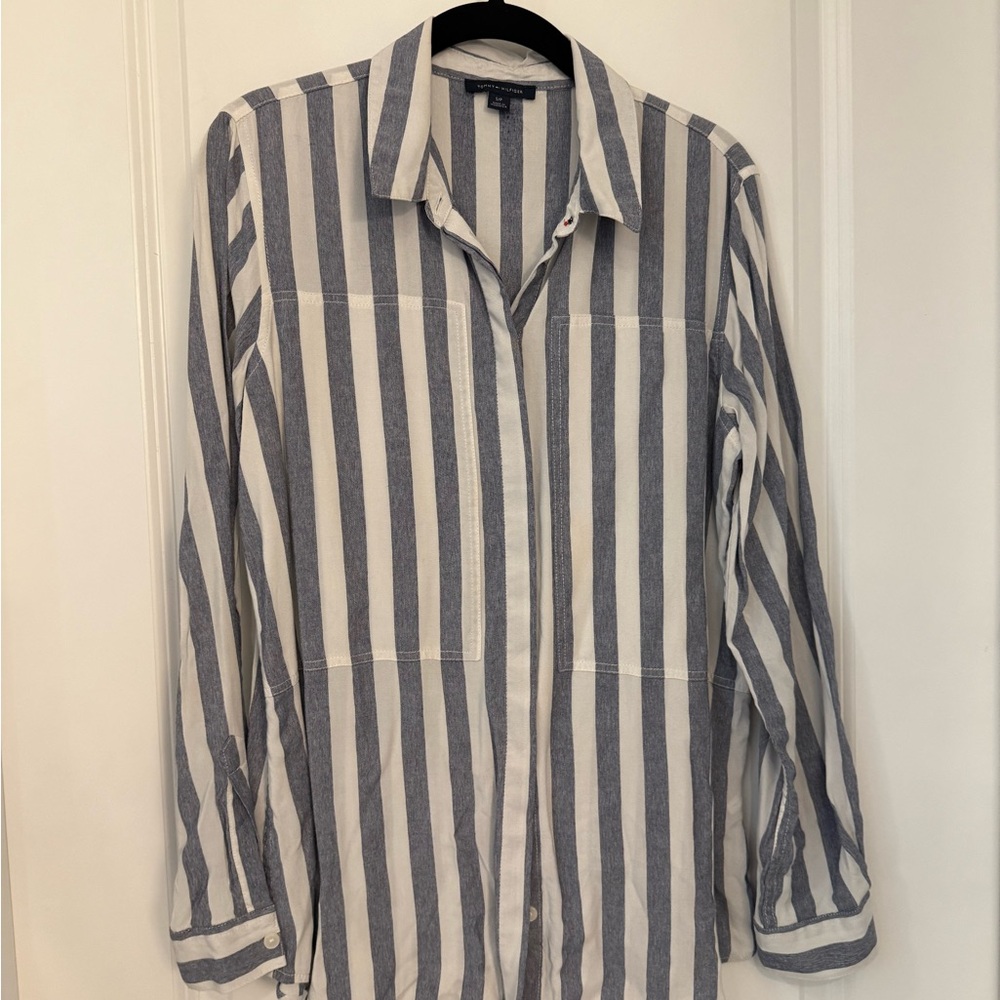 Blue and White Striped Button-Up Shirt